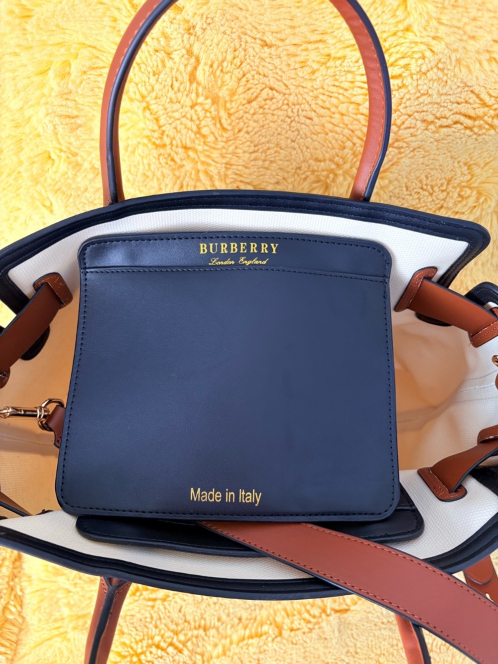 Burberry Cream Canvas Tote with Brown Leather Trim and Black Logo. - Picture 5 of 6